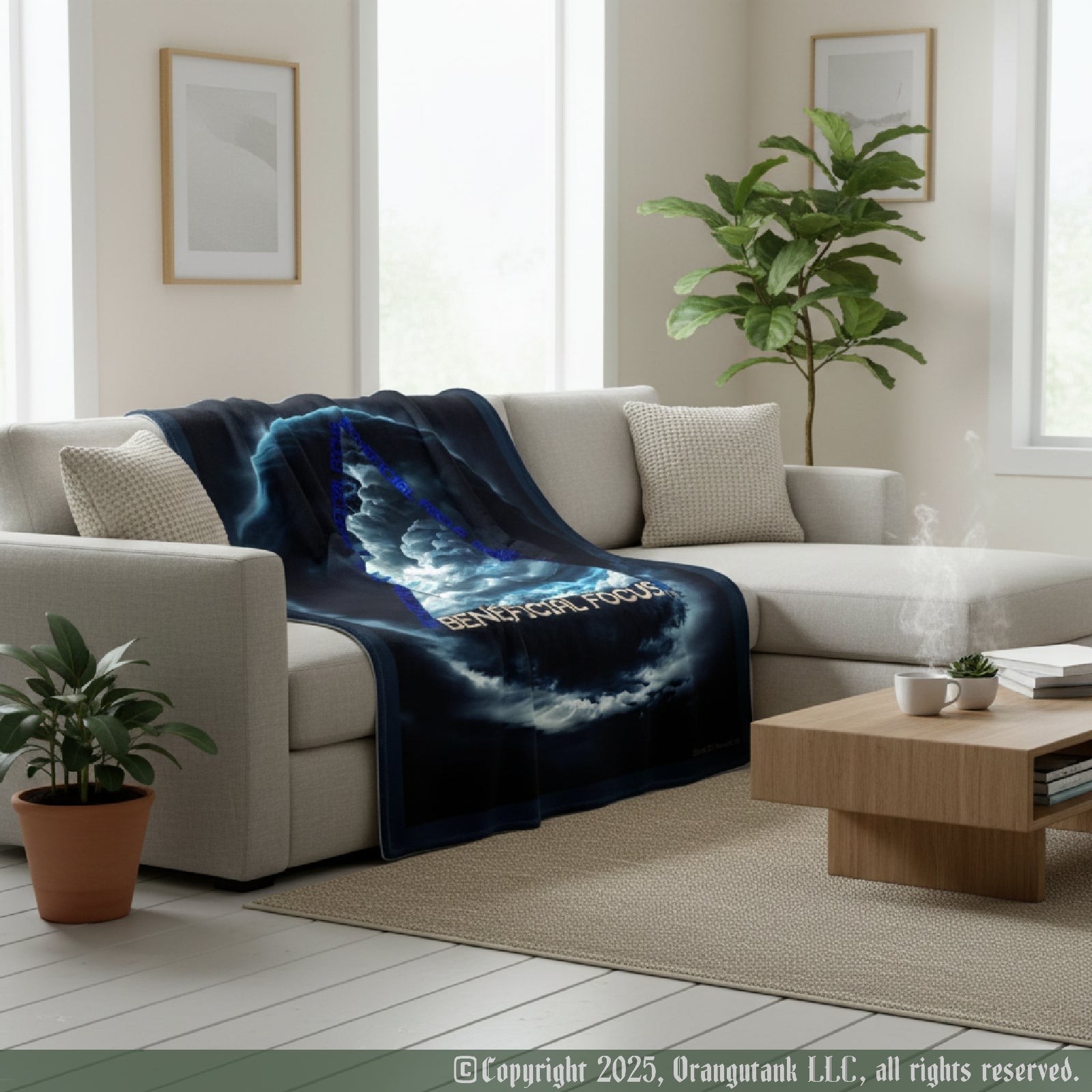 Living room with a couch covered by a decorative Beneficial Focus blanket.