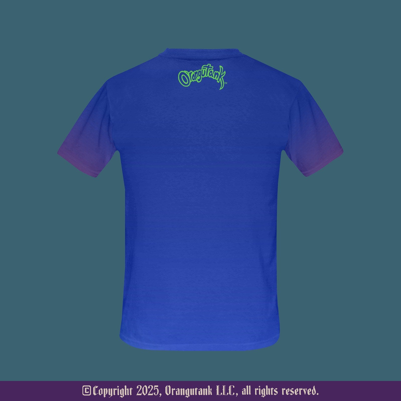 Blue t-shirt with green logo on the back against a dusty teal background