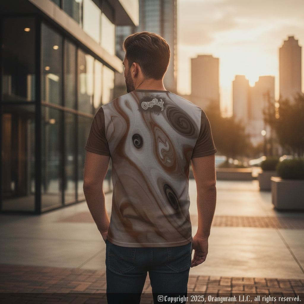 Man wearing a t-shirt with a unique design, standing in an urban setting with buildings and sunset.