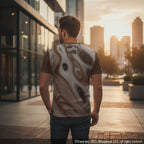 Man wearing a t-shirt with a unique design, standing in an urban setting with buildings and sunset.