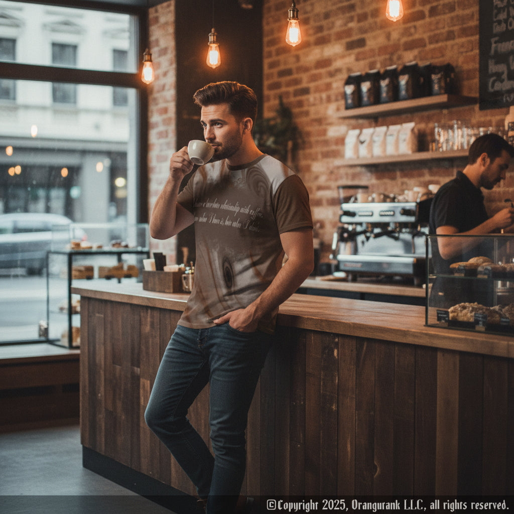 Man drinking coffee in a cozy cafe with brick walls and wooden counter.