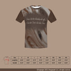 T-shirt with coffee design and text on a brown background, featuring a size chart.