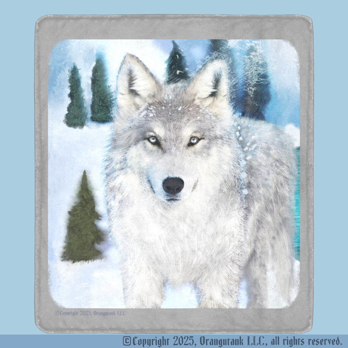 Fleece blanket with a wolf design in a snowy forest