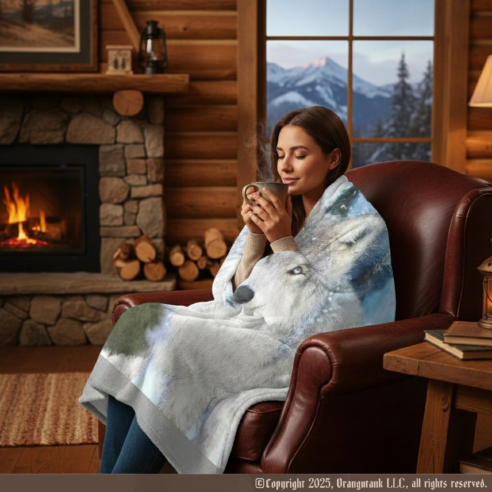 Woman sitting in a cozy cabin with a fireplace, holding a mug and wrapped in a blanket with wolf design.