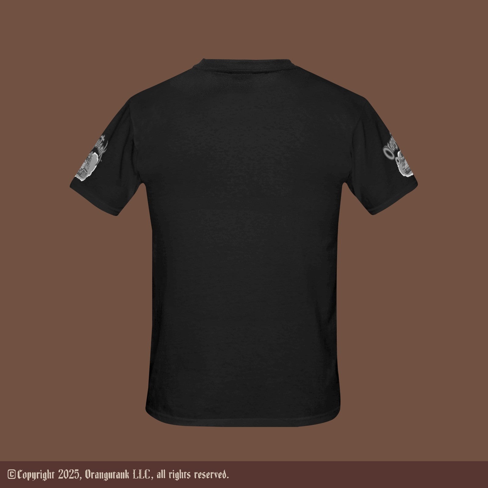 Black t-shirt with Black and White logo on sleeves on a mocha background