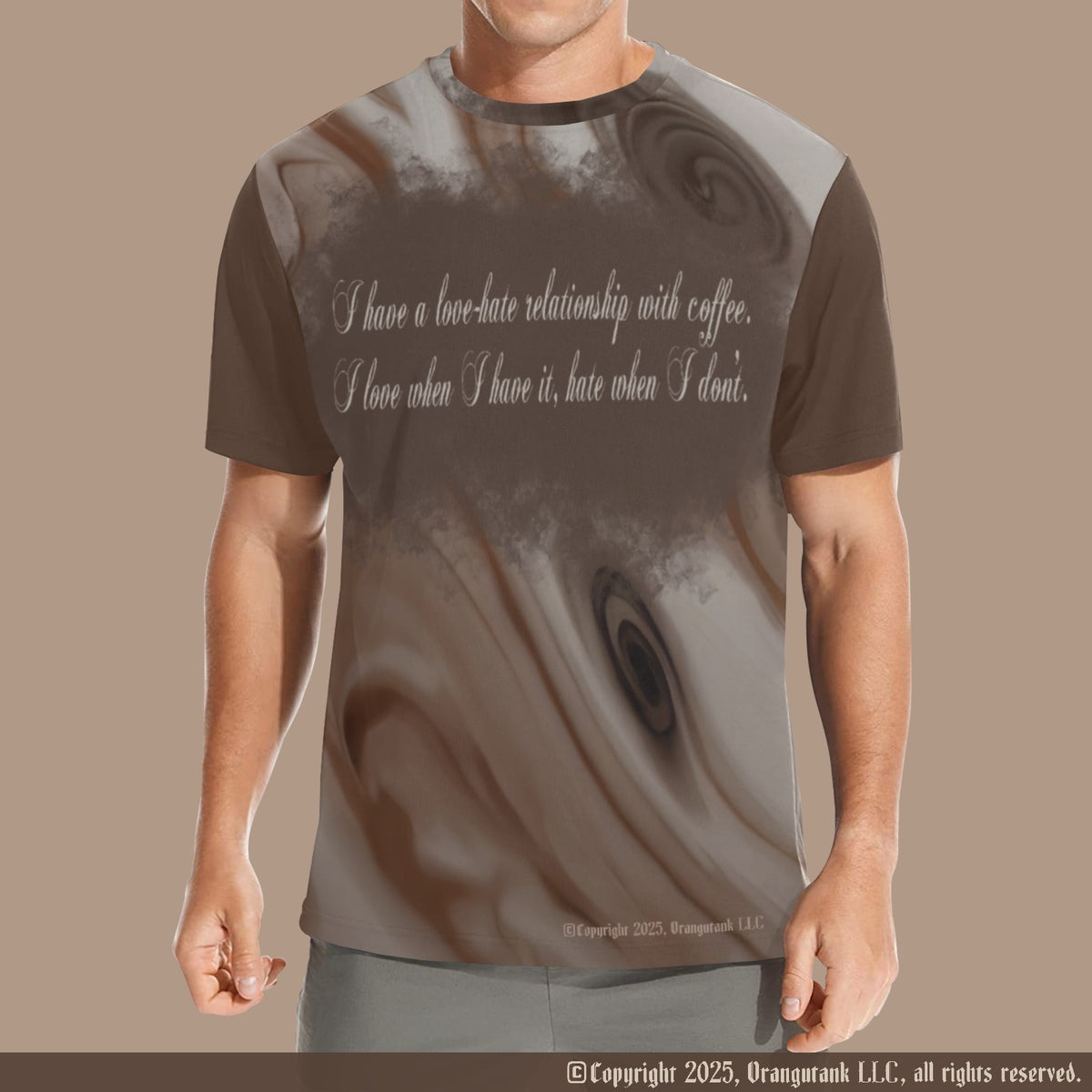 T-shirt with a coffee-themed design and text on a beige background