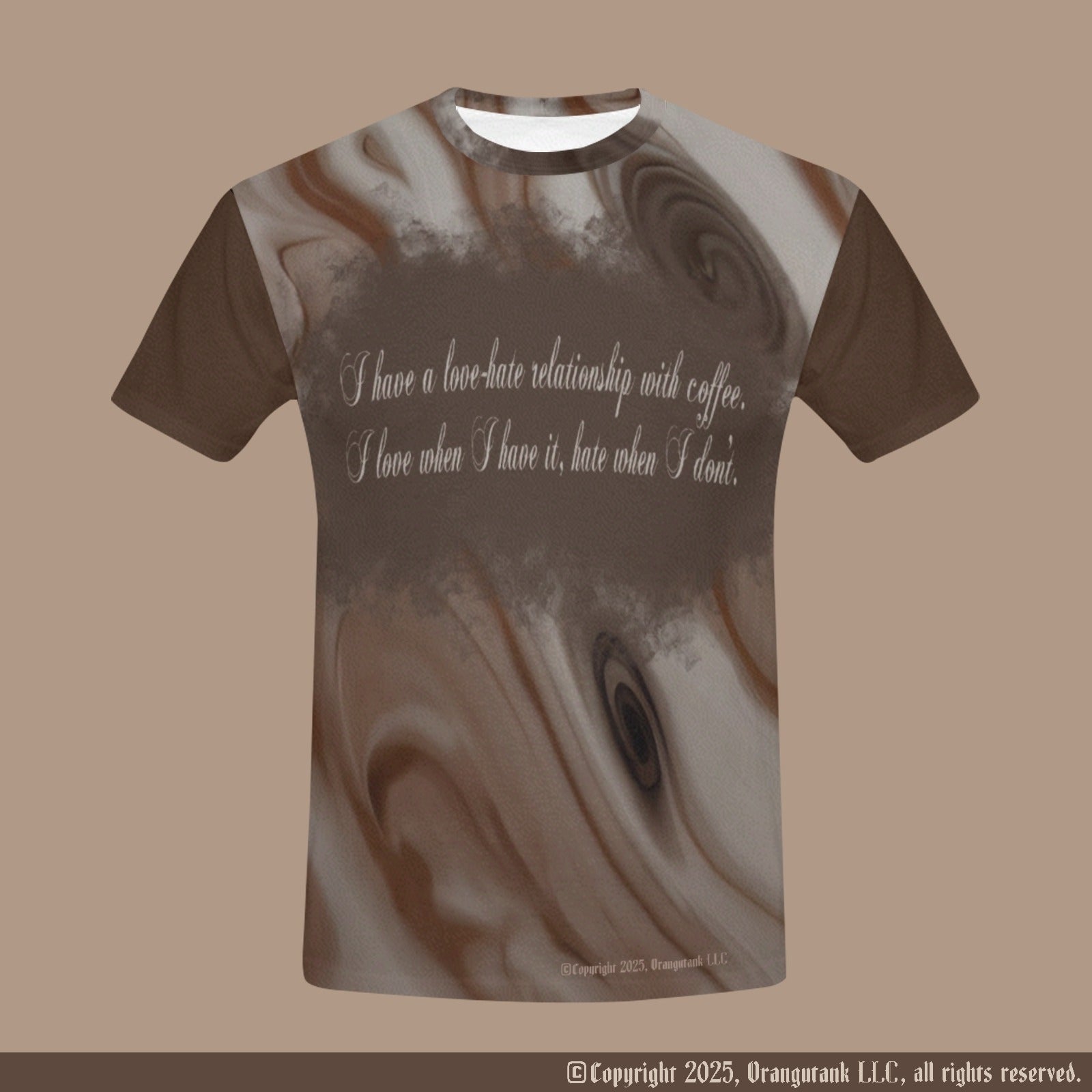 T-shirt with coffee design and text on a brown background